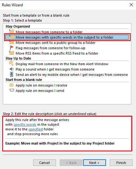 Outlook Rules Wizard: Selecting rule template Image: Outlook Rules Wizard: Selecting rule template