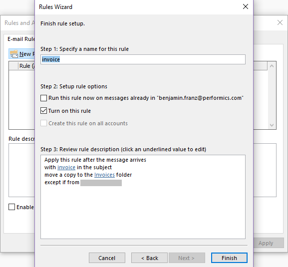 Outlook Rules Wizard: Setting up rule options Image: Outlook Rules Wizard: Setting up rule options